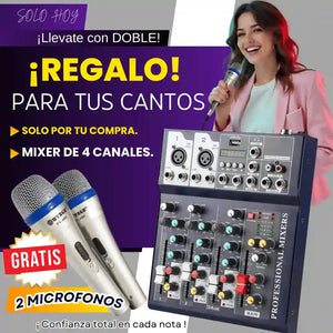MIXER PARA CANTO DE 4 CANALES + 2 MICROS GRATIS