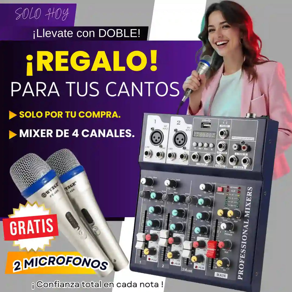 MIXER PARA CANTO DE 4 CANALES + 2 MICROS GRATIS T-S